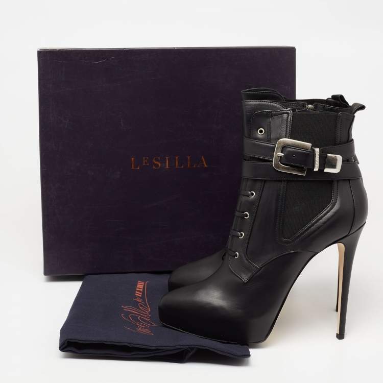 Pre Owned Le Silla Black Leather Platform Ankle Length Boots Size 40