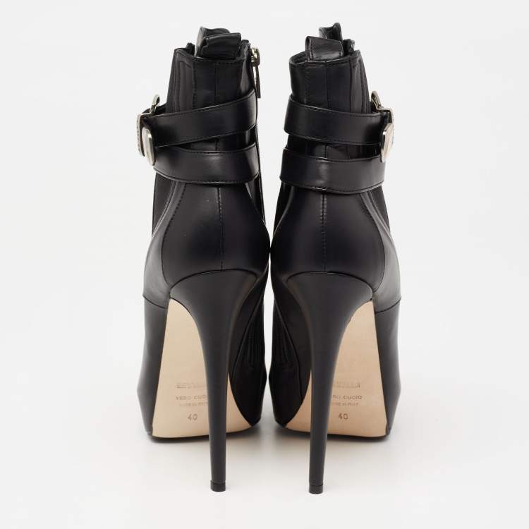 Pre Owned Le Silla Black Leather Platform Ankle Length Boots Size 40