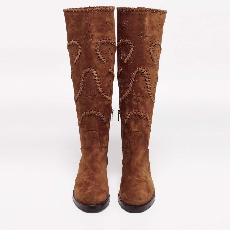 Pre Owned Le Silla Brown Laser Cut Suede Tassel Detail Knee Length Boots Size 41
