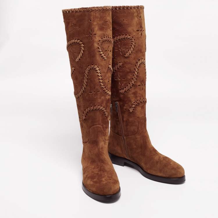 Pre Owned Le Silla Brown Laser Cut Suede Tassel Detail Knee Length Boots Size 41