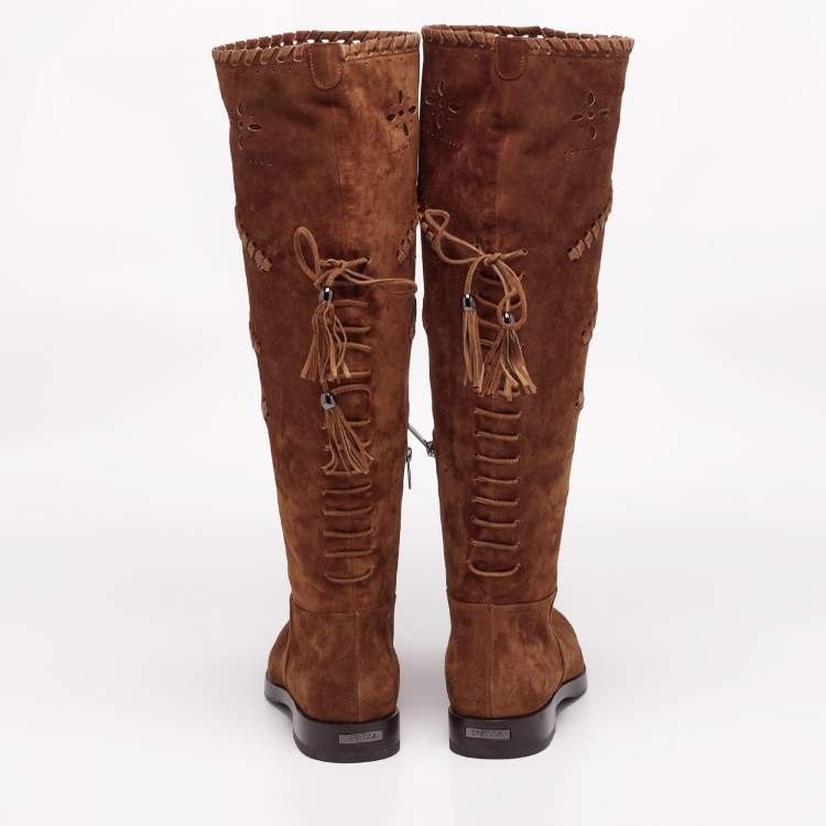 Pre Owned Le Silla Brown Laser Cut Suede Tassel Detail Knee Length Boots Size 41