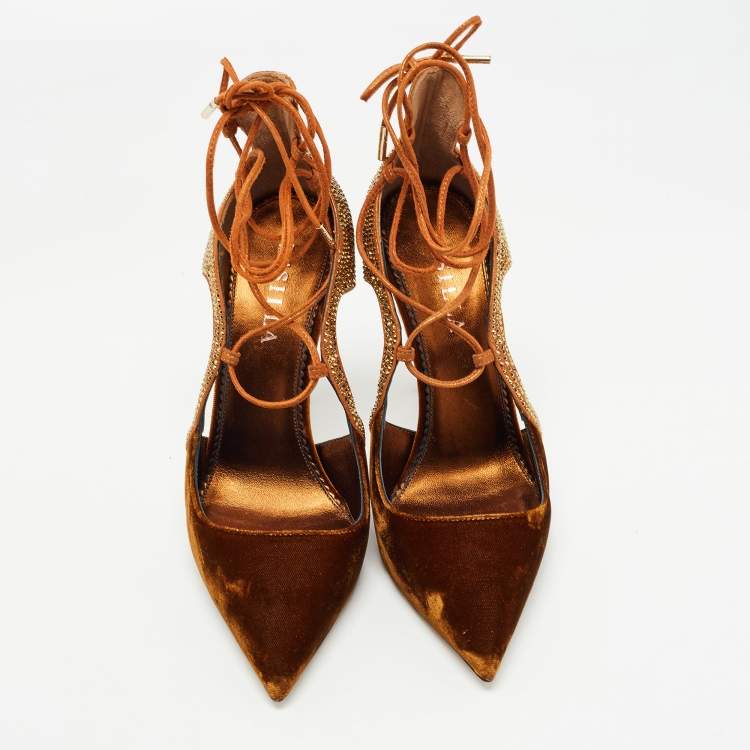 Pre Owned Le Silla Brown Velvet and Crystal Embellished Suede Cutout Ankle Wrap Pump Size 38