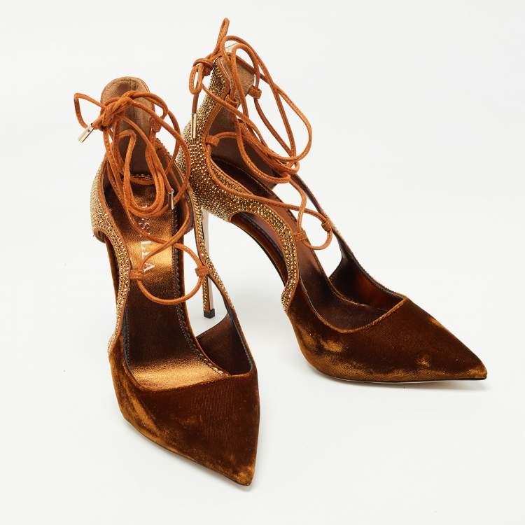Pre Owned Le Silla Brown Velvet and Crystal Embellished Suede Cutout Ankle Wrap Pump Size 38
