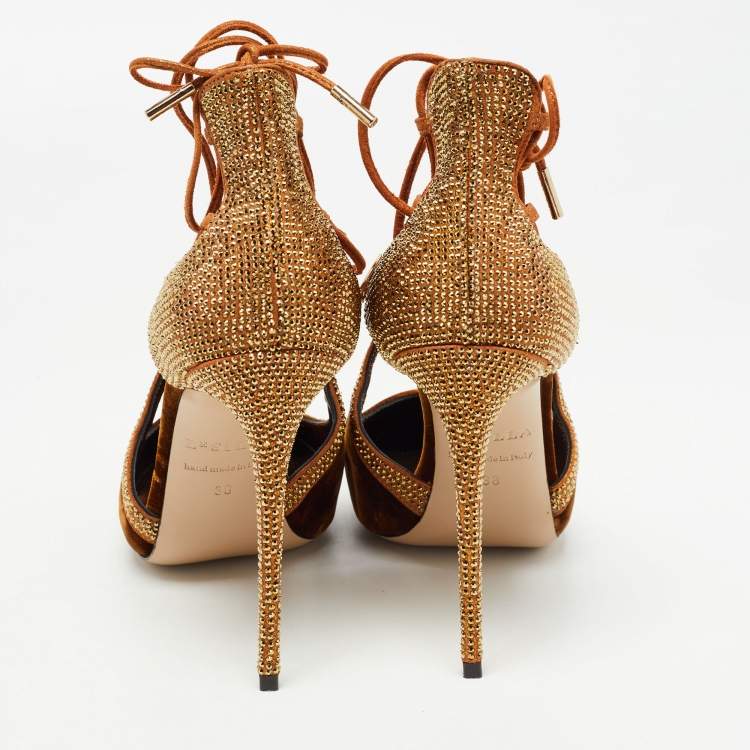 Pre Owned Le Silla Brown Velvet and Crystal Embellished Suede Cutout Ankle Wrap Pump Size 38