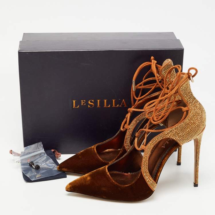 Pre Owned Le Silla Brown Velvet and Crystal Embellished Suede Cutout Ankle Wrap Pump Size 38