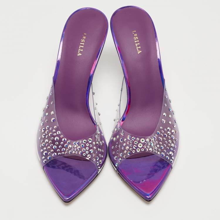 Pre Owned Le Silla Transparent/Purple Crystal Embellished PVC Slide Sandals Size 36