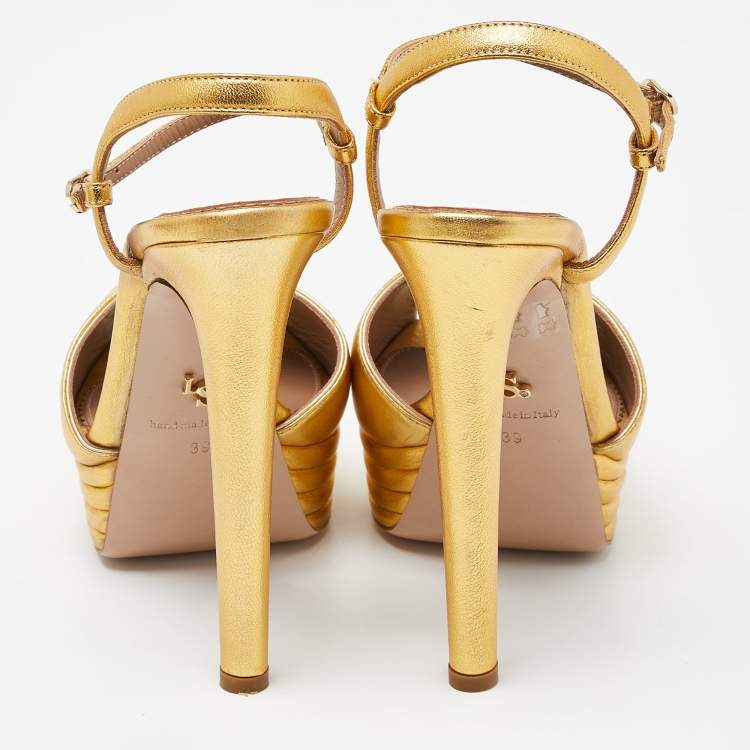 Pre Owned Le Silla Gold Leather Platform Ankle Strap Sandals Size 39