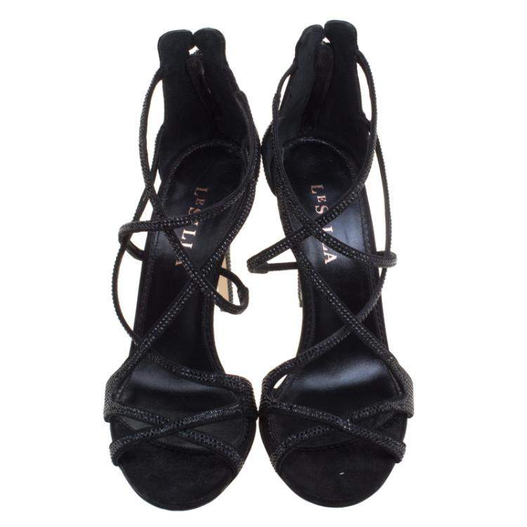 Pre Owned Le Silla Black Crystal Embellished Suede Strappy Sandals Size 38.5