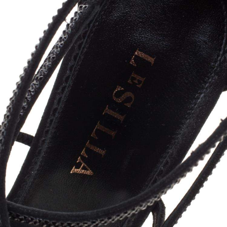 Pre Owned Le Silla Black Crystal Embellished Suede Strappy Sandals Size 38.5