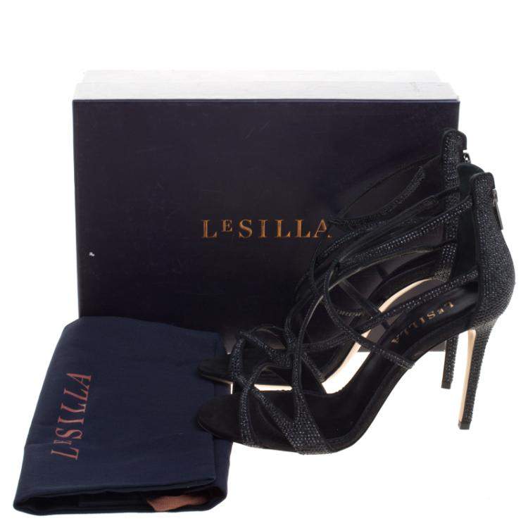 Pre Owned Le Silla Black Crystal Embellished Suede Strappy Sandals Size 38.5