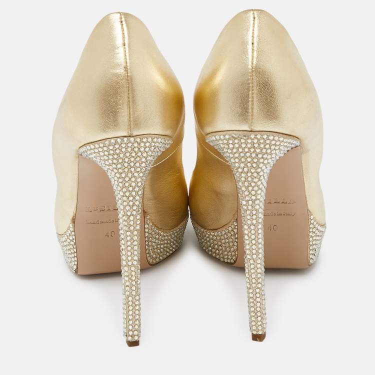 Pre Owned Le Silla Gold Leather Crystal Embellished Platform Peep Toe Pumps Size 40