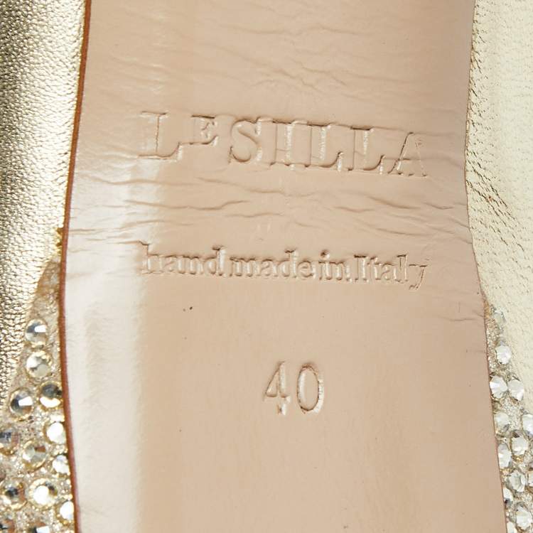 Pre Owned Le Silla Gold Leather Crystal Embellished Platform Peep Toe Pumps Size 40