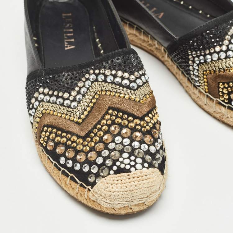 Pre Owned Le Silla Black Leather and Embellished Suede Espadrille Flats Size 37