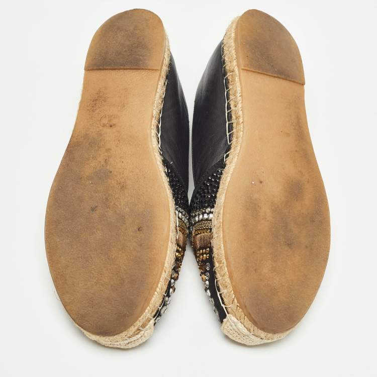 Pre Owned Le Silla Black Leather and Embellished Suede Espadrille Flats Size 37