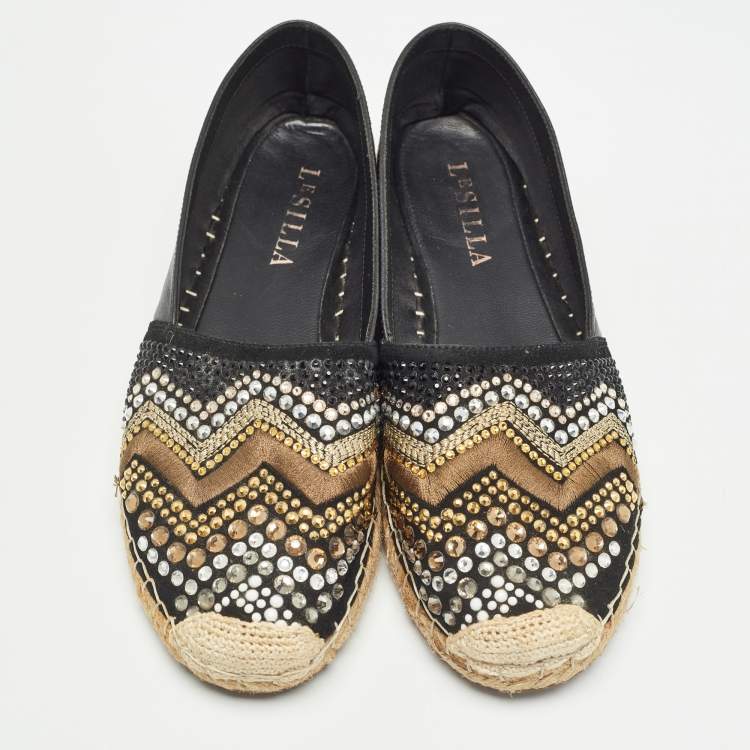 Pre Owned Le Silla Black Leather and Embellished Suede Espadrille Flats Size 37