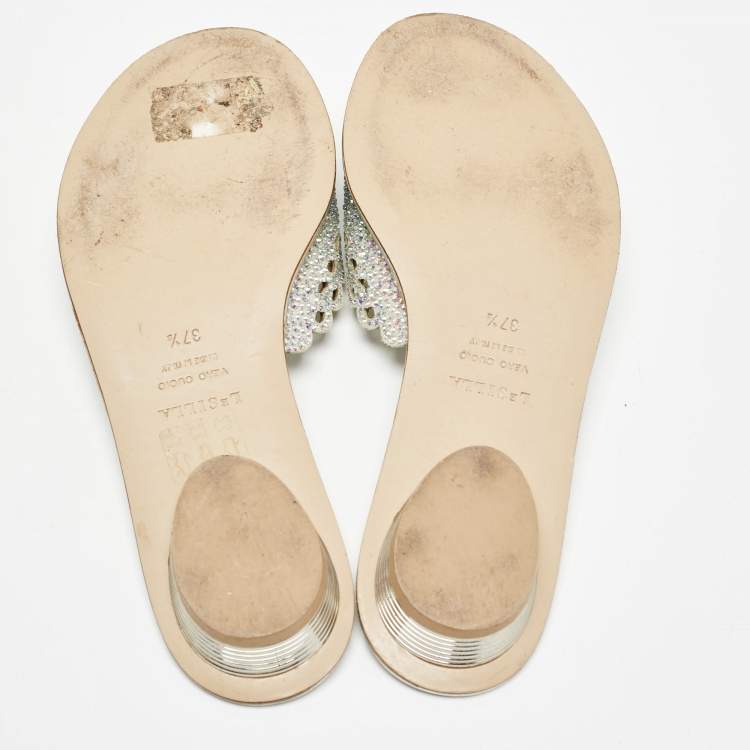 Pre Owned Le Silla Silver Crystal Embellished Textured Suede Flat Slides Size 37.5