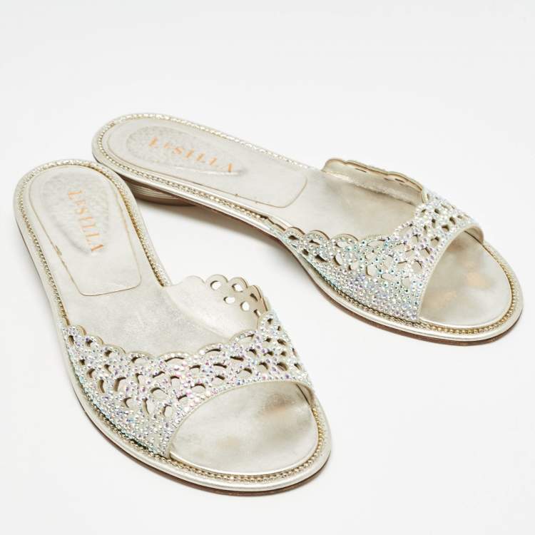 Pre Owned Le Silla Silver Crystal Embellished Textured Suede Flat Slides Size 37.5