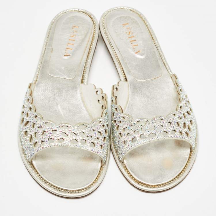 Pre Owned Le Silla Silver Crystal Embellished Textured Suede Flat Slides Size 37.5