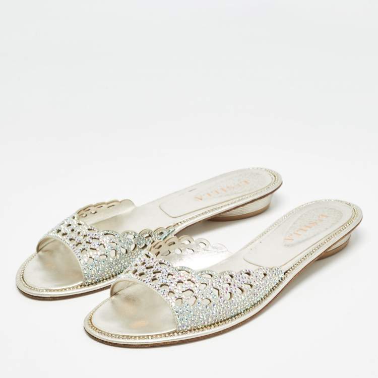 Pre Owned Le Silla Silver Crystal Embellished Textured Suede Flat Slides Size 37.5