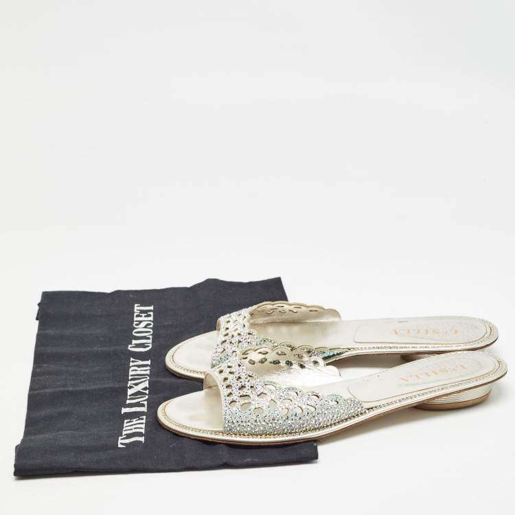 Pre Owned Le Silla Silver Crystal Embellished Textured Suede Flat Slides Size 37.5