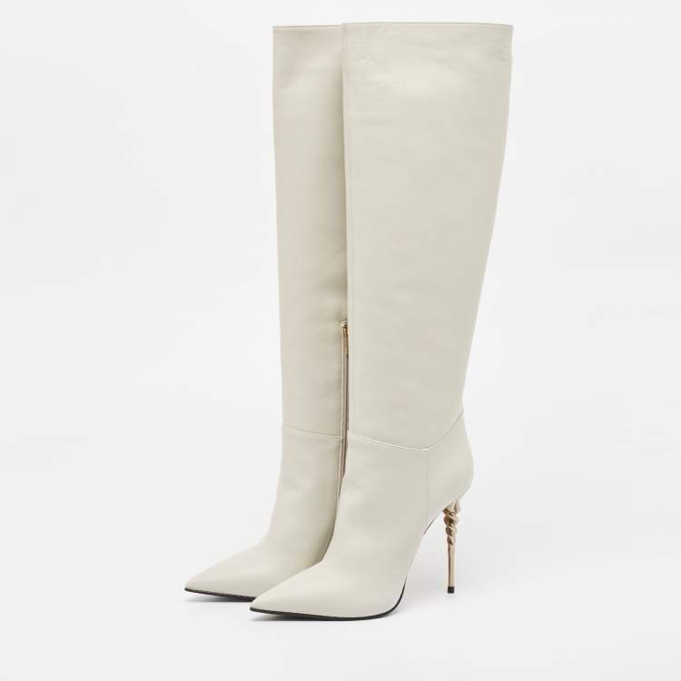 Pre Owned Le Silla Cream Leather Over The Knee Boots Size 38