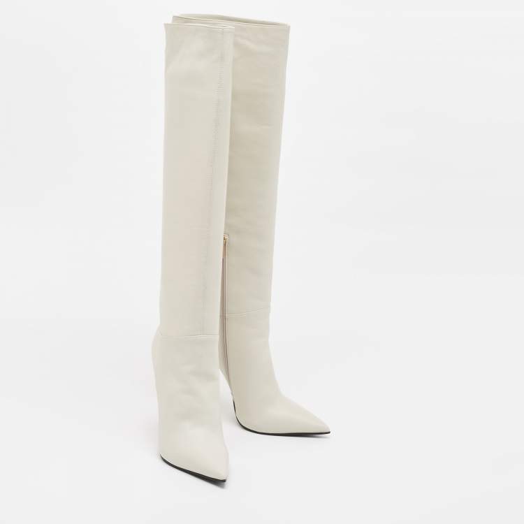 Pre Owned Le Silla Cream Leather Over The Knee Boots Size 38