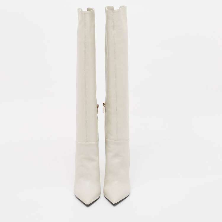 Pre Owned Le Silla Cream Leather Over The Knee Boots Size 38