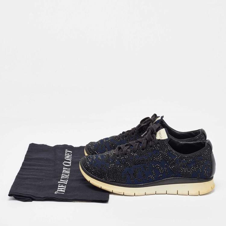 Pre Owned Le Silla Navy Blue/Black Knit Fabric and Leather Crystal Embellished Low Top Sneakers Size 42