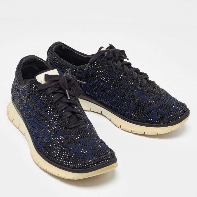 Pre Owned Le Silla Navy Blue/Black Knit Fabric and Leather Crystal Embellished Low Top Sneakers Size 42
