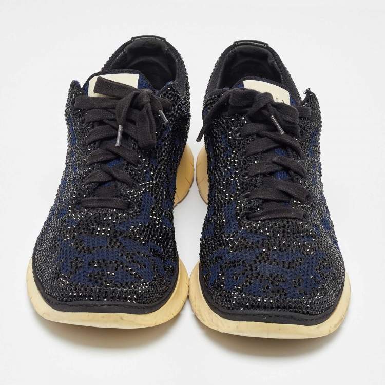 Pre Owned Le Silla Navy Blue/Black Knit Fabric and Leather Crystal Embellished Low Top Sneakers Size 42