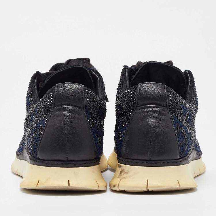 Pre Owned Le Silla Navy Blue/Black Knit Fabric and Leather Crystal Embellished Low Top Sneakers Size 42