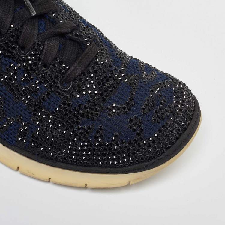 Pre Owned Le Silla Navy Blue/Black Knit Fabric and Leather Crystal Embellished Low Top Sneakers Size 42