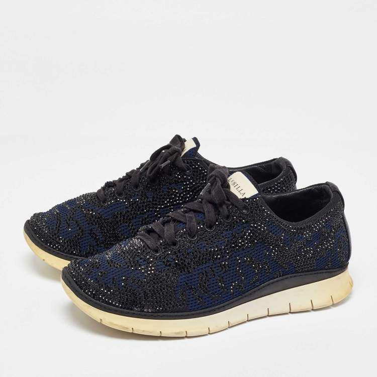 Pre Owned Le Silla Navy Blue/Black Knit Fabric and Leather Crystal Embellished Low Top Sneakers Size 42
