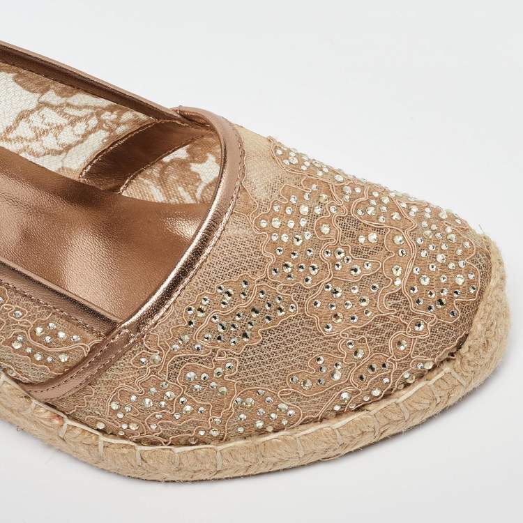 Pre Owned Le Silla Metallic Beige/Gold Lace and Leather Espadrille Wedge Pumps Size 37