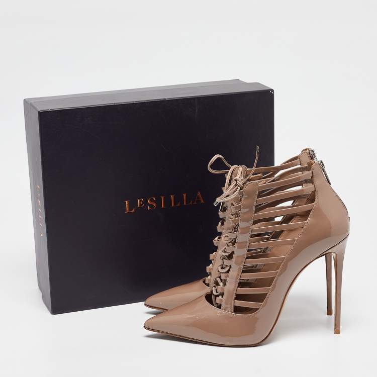Pre Owned Le Silla Beige Patent Leather Ankle Length Boots Size 37.5