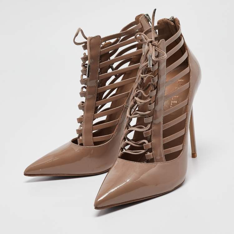Pre Owned Le Silla Beige Patent Leather Ankle Length Boots Size 37.5