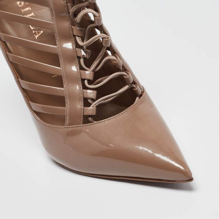 Pre Owned Le Silla Beige Patent Leather Ankle Length Boots Size 37.5