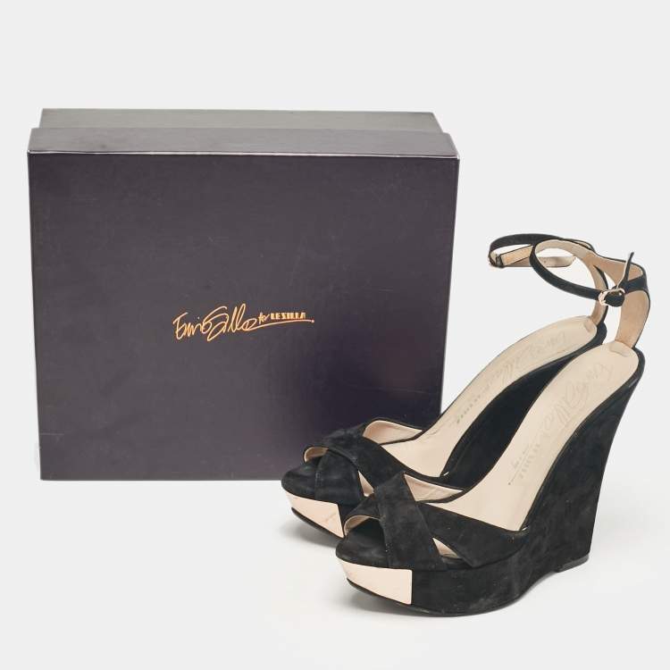 Pre Owned Le Silla Black Suede Wedge Ankle Wrap Sandals Size 40