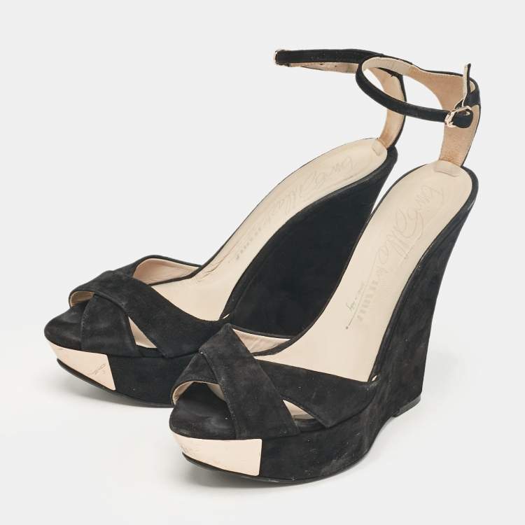Pre Owned Le Silla Black Suede Wedge Ankle Wrap Sandals Size 40