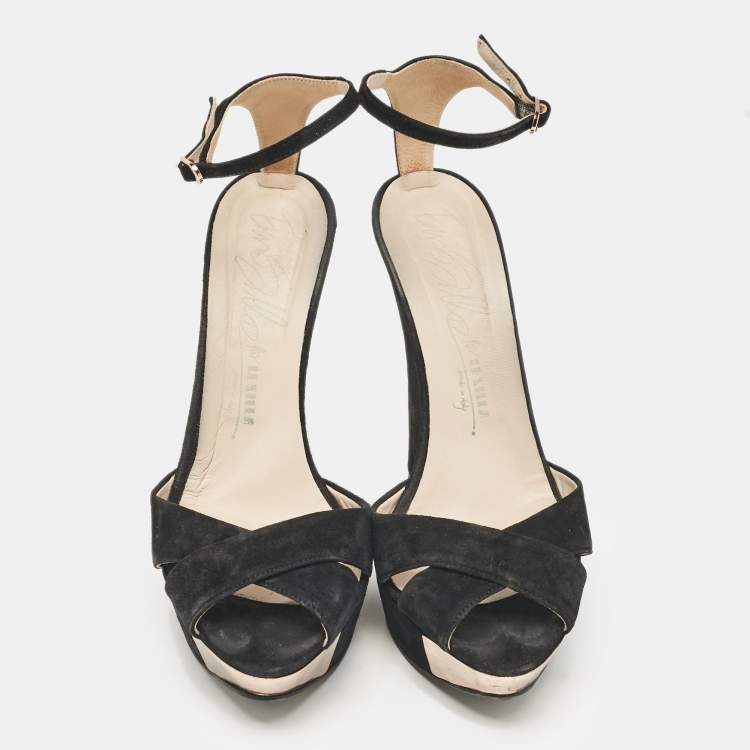 Pre Owned Le Silla Black Suede Wedge Ankle Wrap Sandals Size 40