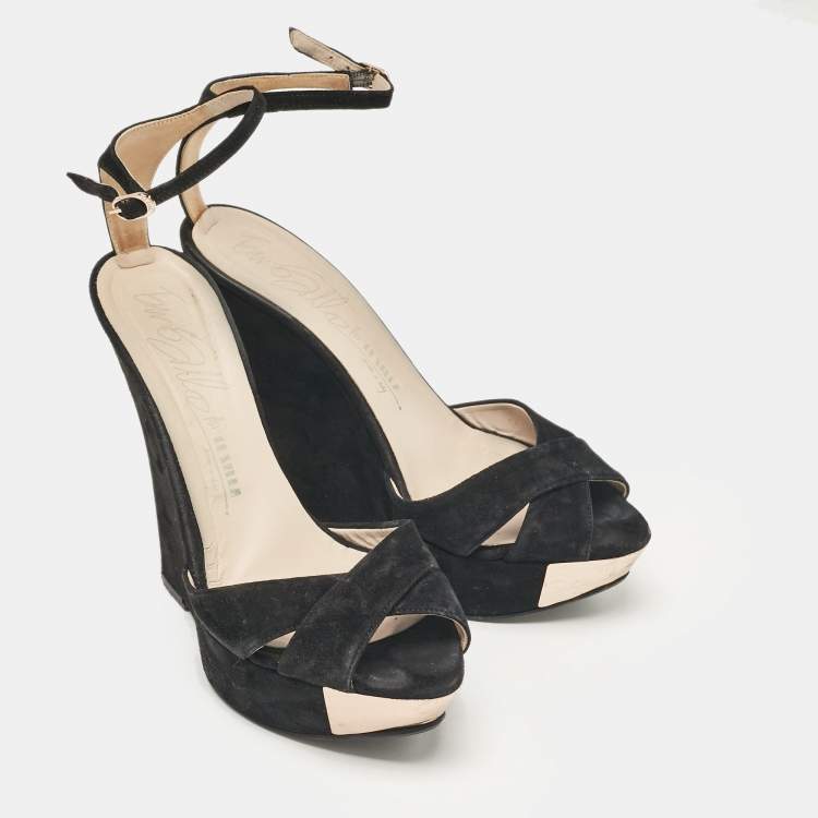 Pre Owned Le Silla Black Suede Wedge Ankle Wrap Sandals Size 40