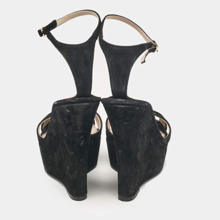Pre Owned Le Silla Black Suede Wedge Ankle Wrap Sandals Size 40