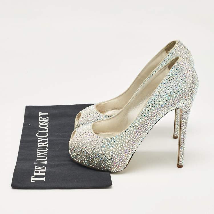 Pre Owned Le Silla Silver Crystal Embellished Suede Peep Toe Platform Pumps Size 37