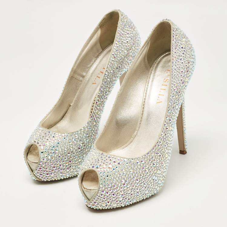 Pre Owned Le Silla Silver Crystal Embellished Suede Peep Toe Platform Pumps Size 37