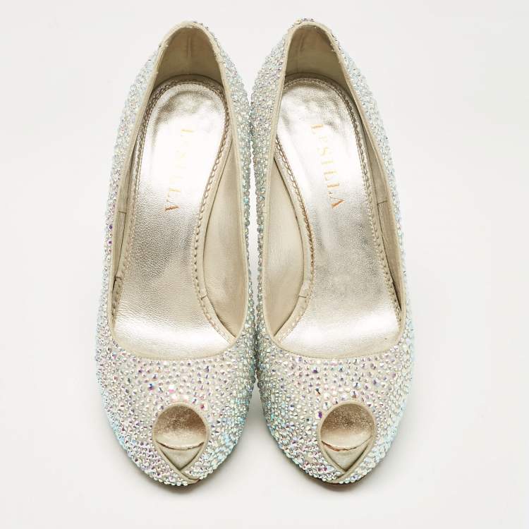 Pre Owned Le Silla Silver Crystal Embellished Suede Peep Toe Platform Pumps Size 37
