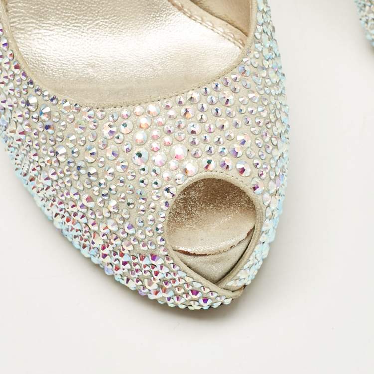Pre Owned Le Silla Silver Crystal Embellished Suede Peep Toe Platform Pumps Size 37