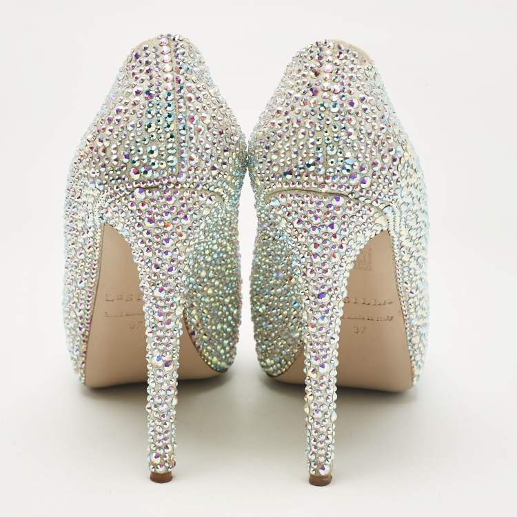 Pre Owned Le Silla Silver Crystal Embellished Suede Peep Toe Platform Pumps Size 37