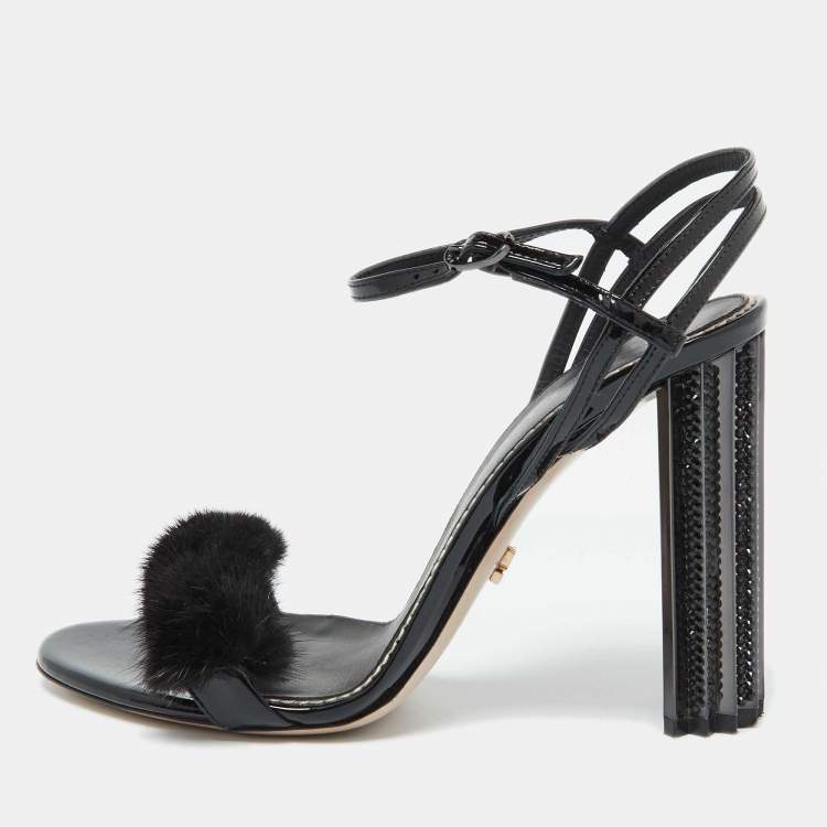 Pre Owned Le Silla Black Fox Fur and Patent Leather Ankle Strap Sandals Size 39