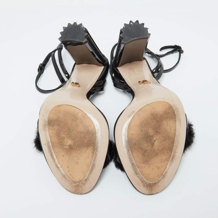 Pre Owned Le Silla Black Fox Fur and Patent Leather Ankle Strap Sandals Size 39