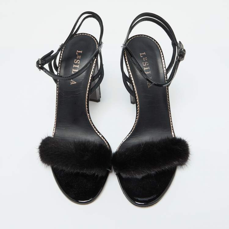 Pre Owned Le Silla Black Fox Fur and Patent Leather Ankle Strap Sandals Size 39